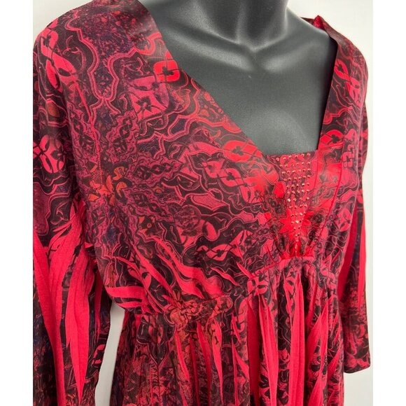 One World Blouse Size Large L Red Black Tunic Top Beaded Neck Long Sleeve New - Picture 4 of 11